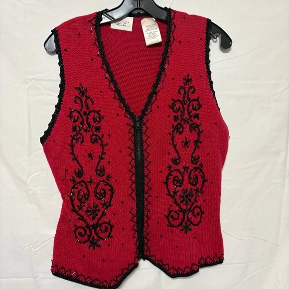 Vintage Kathie Lee zip up red knit sweater vest/w black beaded embroidery - Picture 2 of 8